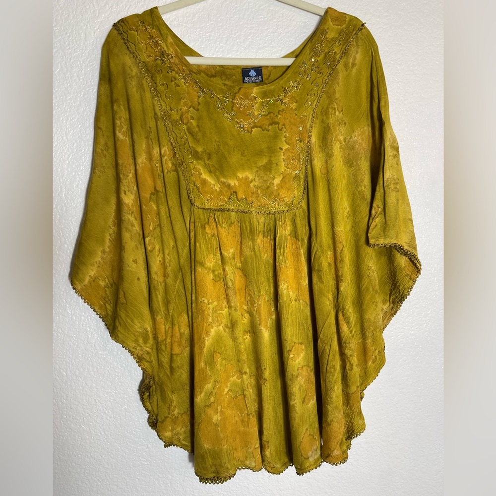 Advance Cleeo Long Wide Tie Dye Embroidered Sequin Poncho Blouse Top Cover Up